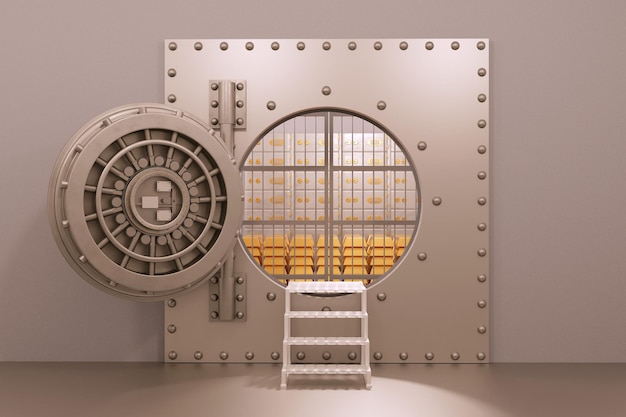 The open door of the huge bank vault with ladder storage room\
with gold bars inside 3d rendering