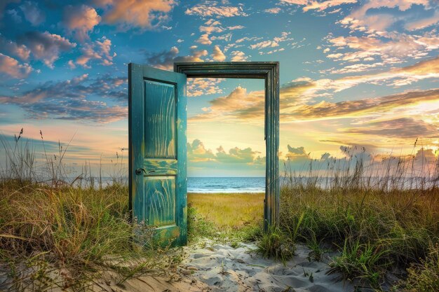 Photo an open door leading to the beach at sunset