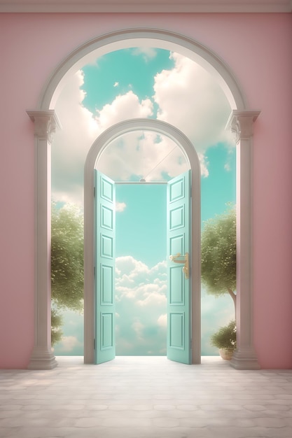 An open door in a pink room with blue sky