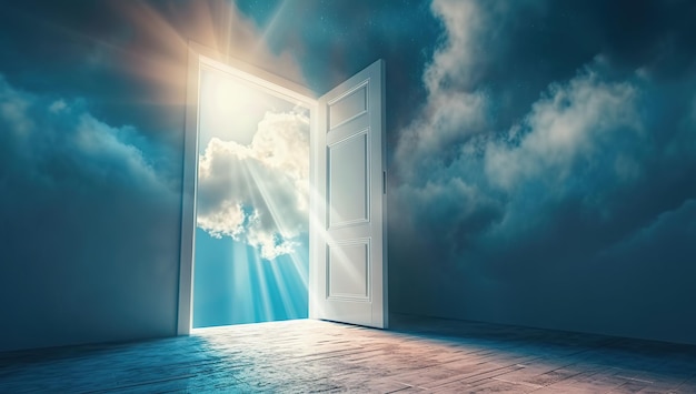 Photo open door to a room revealing sky and clouds the concept of hope and new opportunities