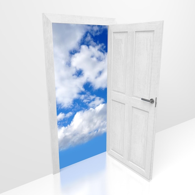 Photo open door and sky with clouds imagination concept 3d illustration