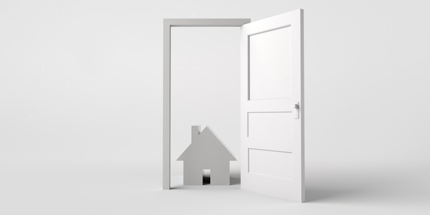 Open door with house. Real estate market. Copy space. 3D illustration.