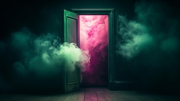 Foto una porta aperta con un fumo rosa e verde