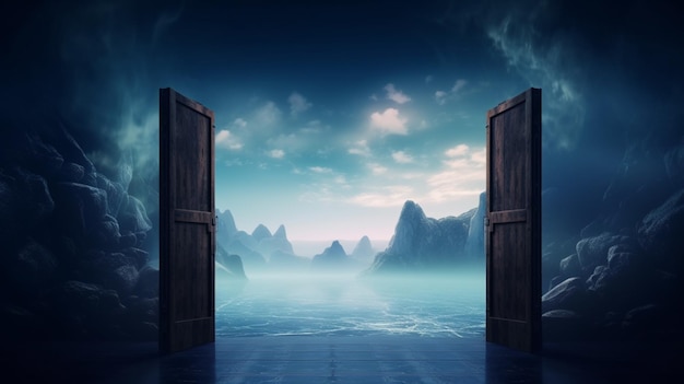 Open doors Open doors and magical glow Fantasy night scene with sea landscape