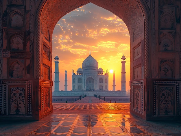 Photo an open doorway with taj mahal