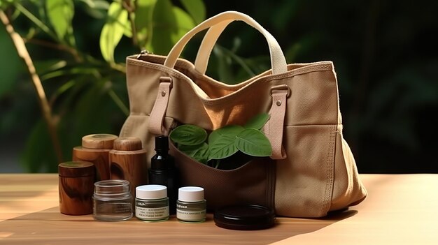 Open ecofriendly cotton reusable bag with different containers from natural wood and brown glass