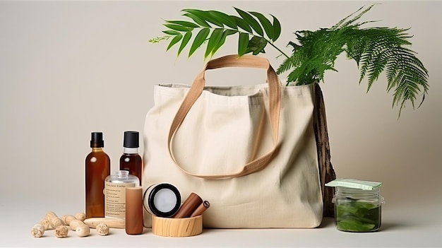 天然木と茶色のガラスのさまざまな容器が入った、環境に優しいコットン製の再利用可能なオープンバッグ。周りに新鮮な自然の葉が付いています。オーガニックゼロ廃棄物化粧品のコンセプトです。アクセサリー付きの女性用バッグです。