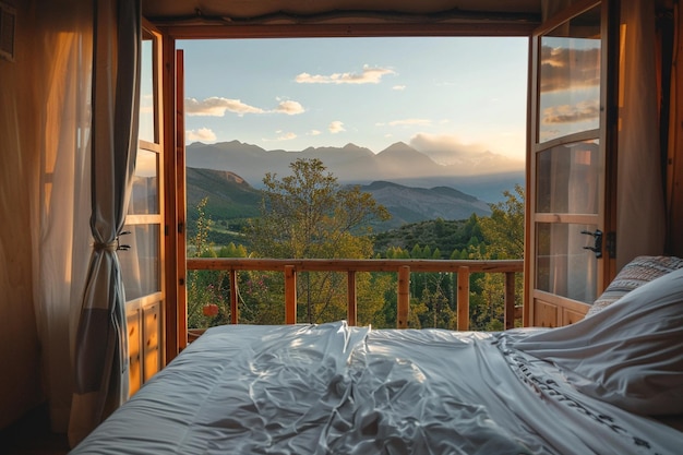 Foto open ecolodge camera d'albergo con vista sulla montagna al tramonto