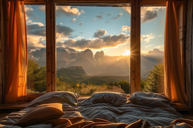 Open ecolodge hotelkamer met uitzicht op de bergen bij zonsondergang