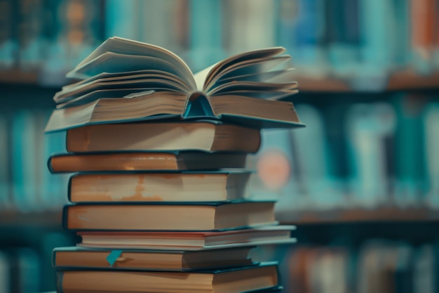 Foto open een boek op een stapel in een bibliotheek tijdens rustige studietijden