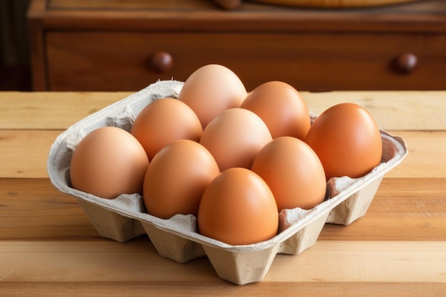 Open egg box isolated on wooden table background ai generated