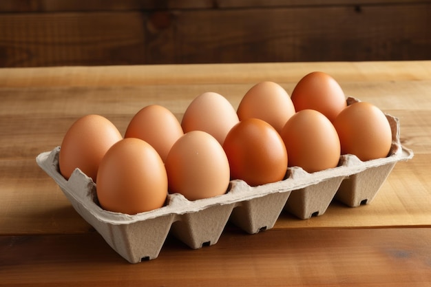 Open egg box isolated on wooden table background ai generated