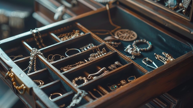 Photo an open elegant jewelry box drawer filled with various pieces of jewelry