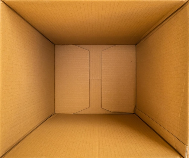 Open empty brown cardboard box background top view