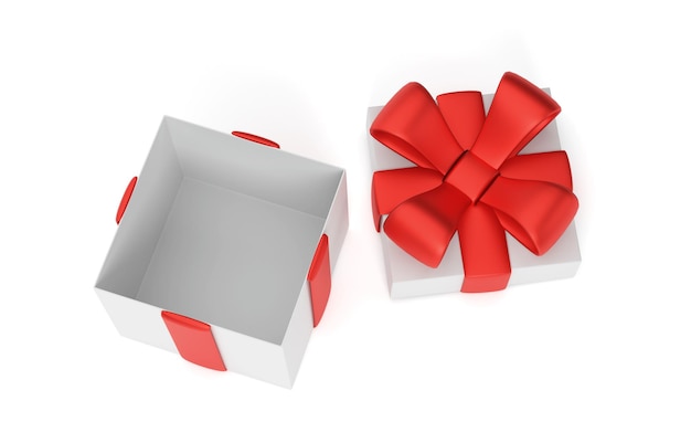 Открыть пустую подарочную коробку, вид сверху Белая коробка с красной лентой и бантом на белом фоне 3d рендеринг