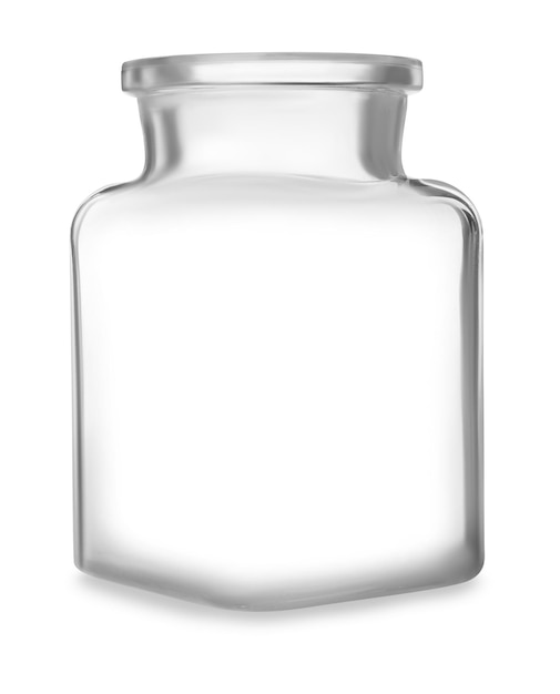 白で隔離される空のガラスの瓶を開く