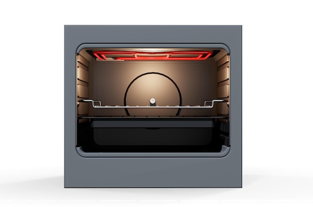 An open empty household kitchen oven with a brushed metal finish and modern illuminated dials on an isolated white background 3D render