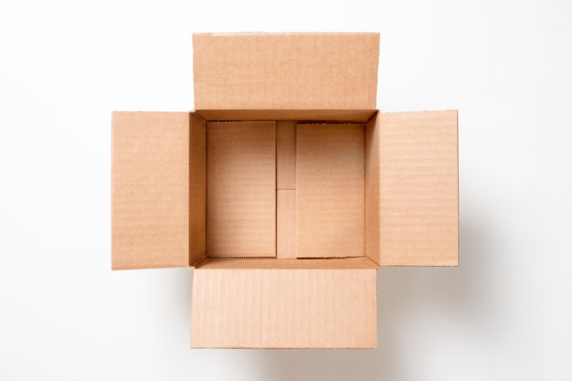 Open empty rectangular cardboard box on white background.