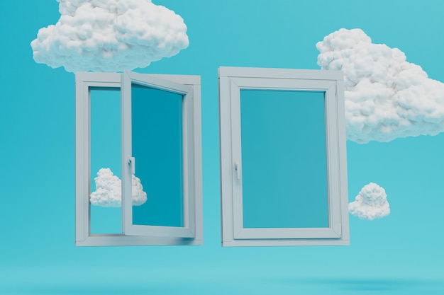 Open en gesloten plastic venster op een blauwe achtergrond met witte wolken 3D render