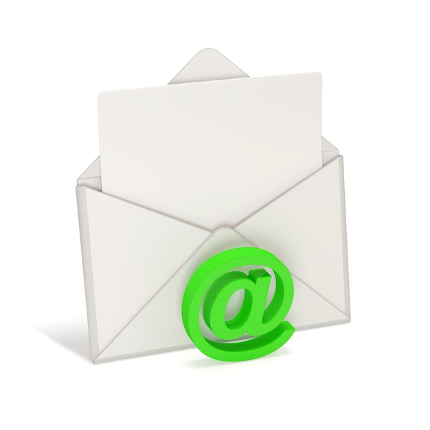 Open envelop en lege brief met e-mailsymbool op witte achtergrond