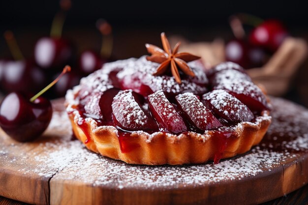 An open faced plum tart on a wooden board