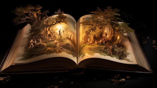 Open fairy tale book with illustrations showing views from a magical forest