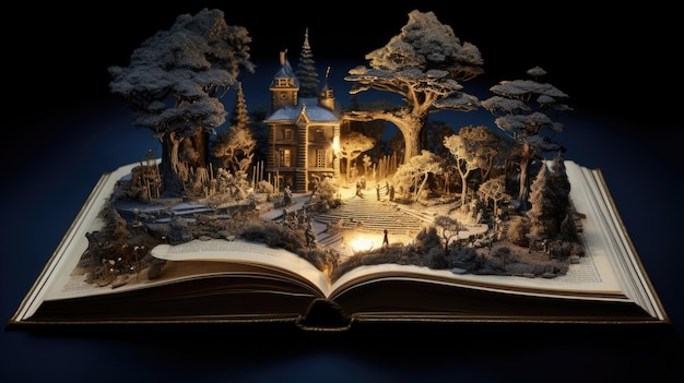 Open fairy tale book with illustrations showing views from a magical forest