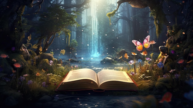 Фото Открыть книгу фантазии волшебной мечтательной сказки сверкающей леса джунглей солнечного света