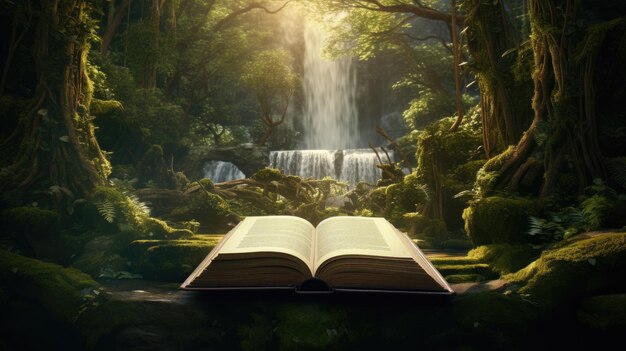 Фото Открыть книгу фантазии волшебной мечтательной сказки сверкающей леса джунглей солнечного света