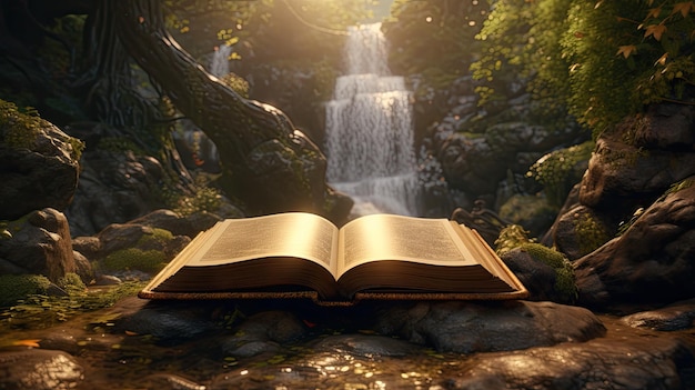 Photo open fantasy book magical dreamy fairy waterfall forest imagination glowing