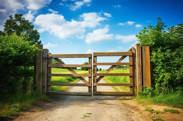Foto cancello aperto della fattoria che conduce al paesaggio agricolo con maturazione delle colture di cereali in estate a beverley