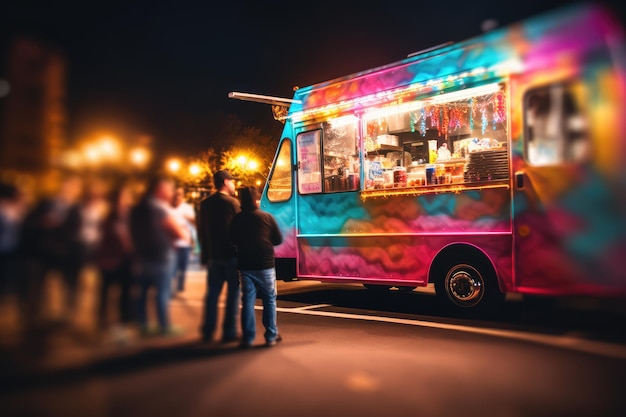 Foto open feestelijke food truck op het strand beach party nachtbar met gloeilampen op een prachtige rode zonsondergang achtergrond generatieve ai illustratie