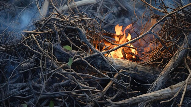 いくつかの棒の周りに開いた火と絡み合った巣のスタイルで