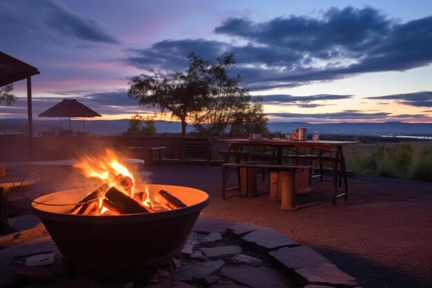 Open fire pit with boiling pot and steam against dusk sky