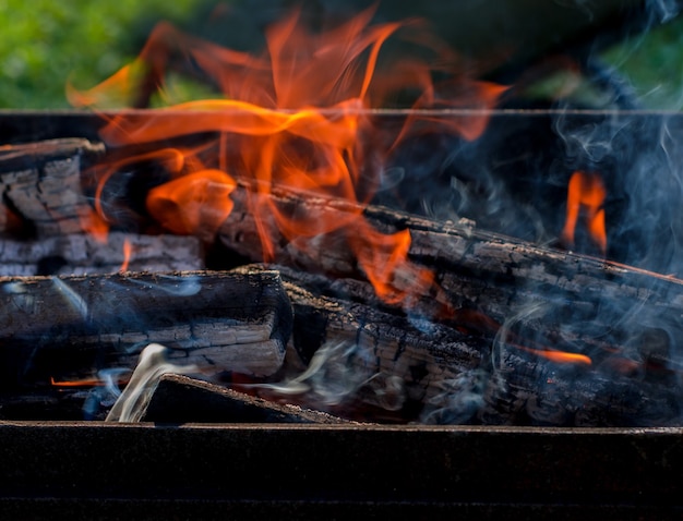 Fuoco aperto, fumo, fiamma di legna da ardere nella griglia. carboni ardenti per kebab in natura