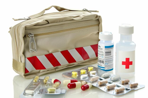 An open first aid kit on white background