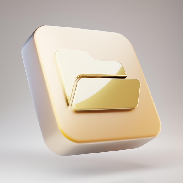 Значок «Открыть папку». Золотой символ открытой папки на матовой золотой пластине. 3D визуализации значок социальных сетей.