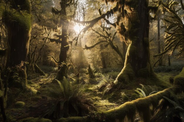 Open forest with mosscovered trees and the sun shining through the canopy