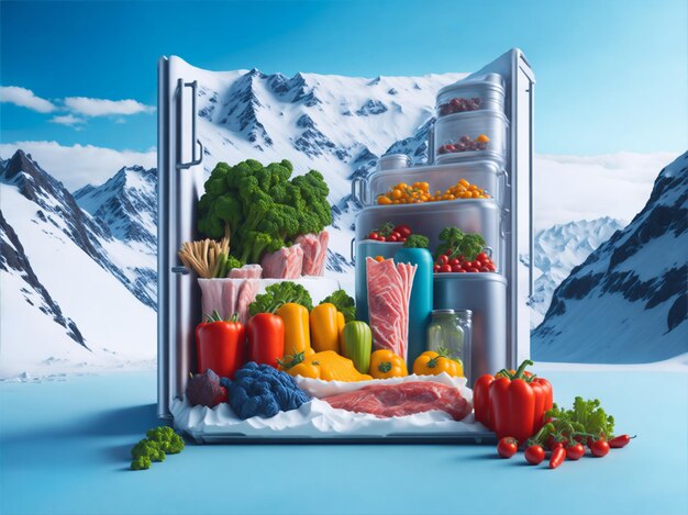 Open fridge filled with foods and vegetables