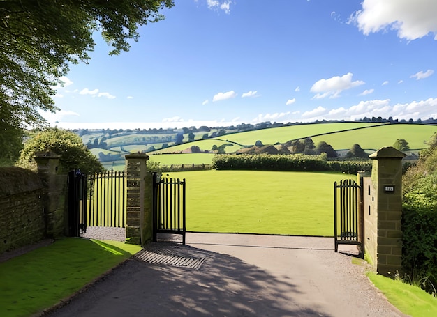 An open gate to a view of rolling English countryside