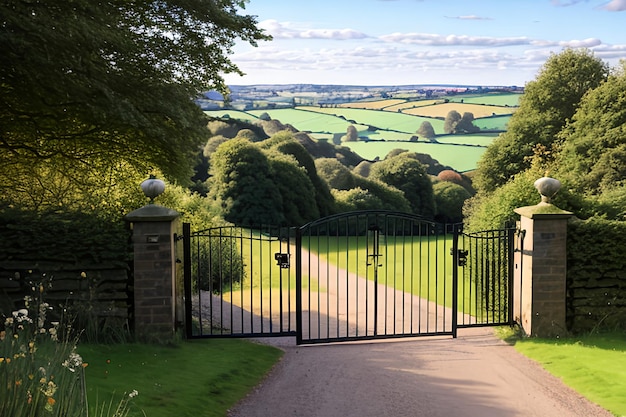 An open gate to a view of rolling English countryside