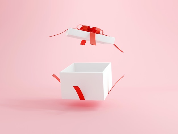 Open geschenkdoos met rood lint over roze achtergrond gelukkige verjaardag concept 3d-illustraties