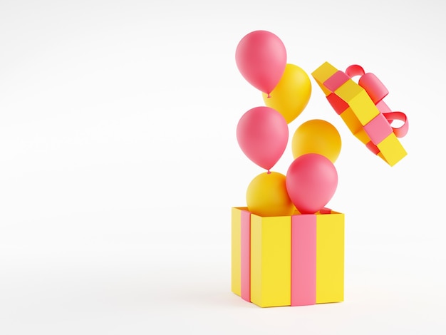 Open geschenkdoos met zwevende ballonnen 3d illustratie. Verjaardag of Kerstmis gele huidige doos met roze lint en boog. Ballonnen vliegen uit verpakt pakket op witte achtergrond met kopie ruimte.