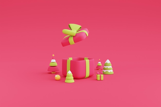 Open geschenkdoos omgeven door dennenboom, minimaal 3D-ontwerp Xmas Decorations.3d render illustratie.