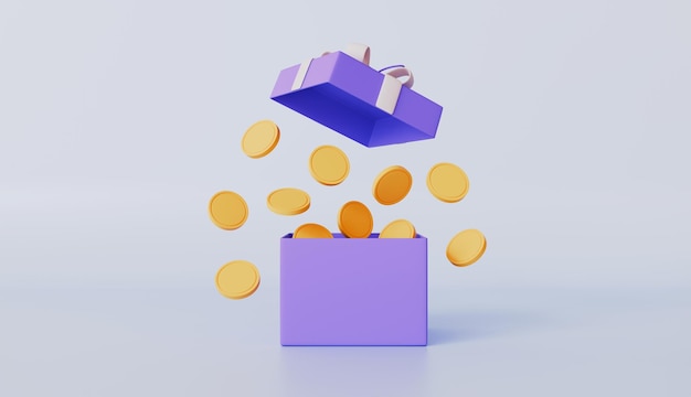 open gift box full of gold coins casino or online games bonus money prize reward giftbox and gold