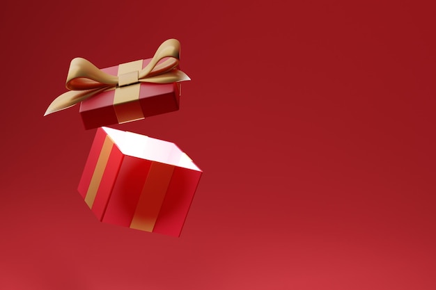 Open gift box Light emanating from a gift Surprise Red background Banner place for text 3D render