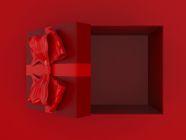 open gift box with bow on red background 3D illustration