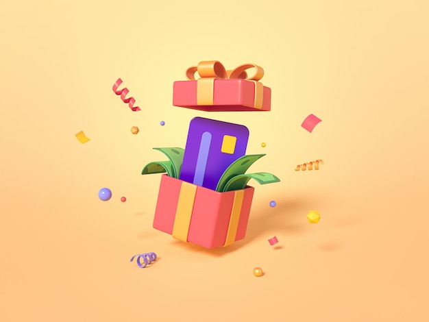 Open gift box with dollars and card minimal surprise package on\
yellow background 3d render