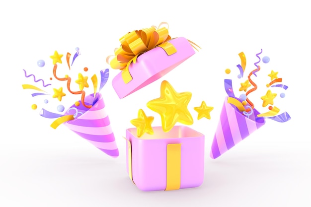 Open gift box with golden stars and party popper with confetti 3d render Game ui design element bonus symbol winner achievement Isolated packaging icon with golden ribbon and bow 3D illustration