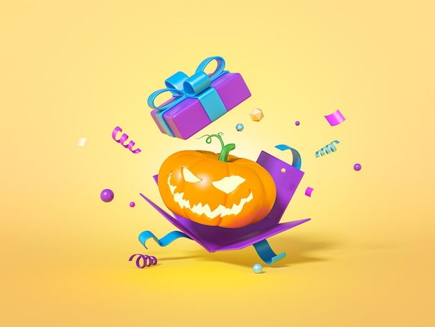 Open gift box with pumpkin minimal surprise package on yellow background Celebration metaphor